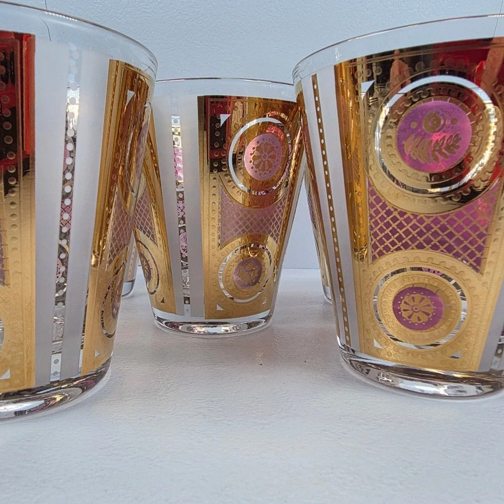 5 VTG‎ Georges Briard Signed RARE Amethyst Gold Rocks Glasses MCM Barware 22K